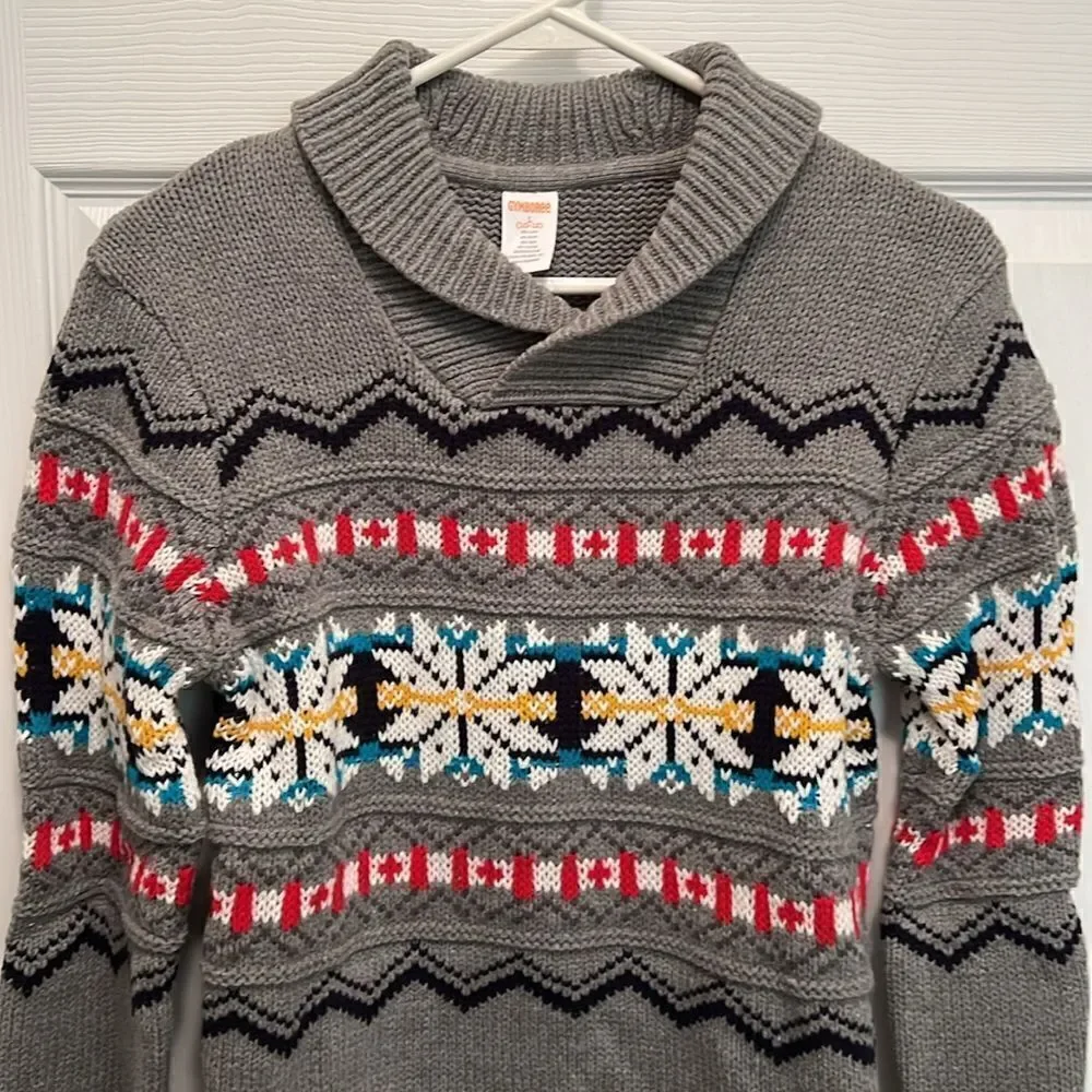 Gymboree Fair Isle shawl collar youth boys gray sweater size large (10/12).